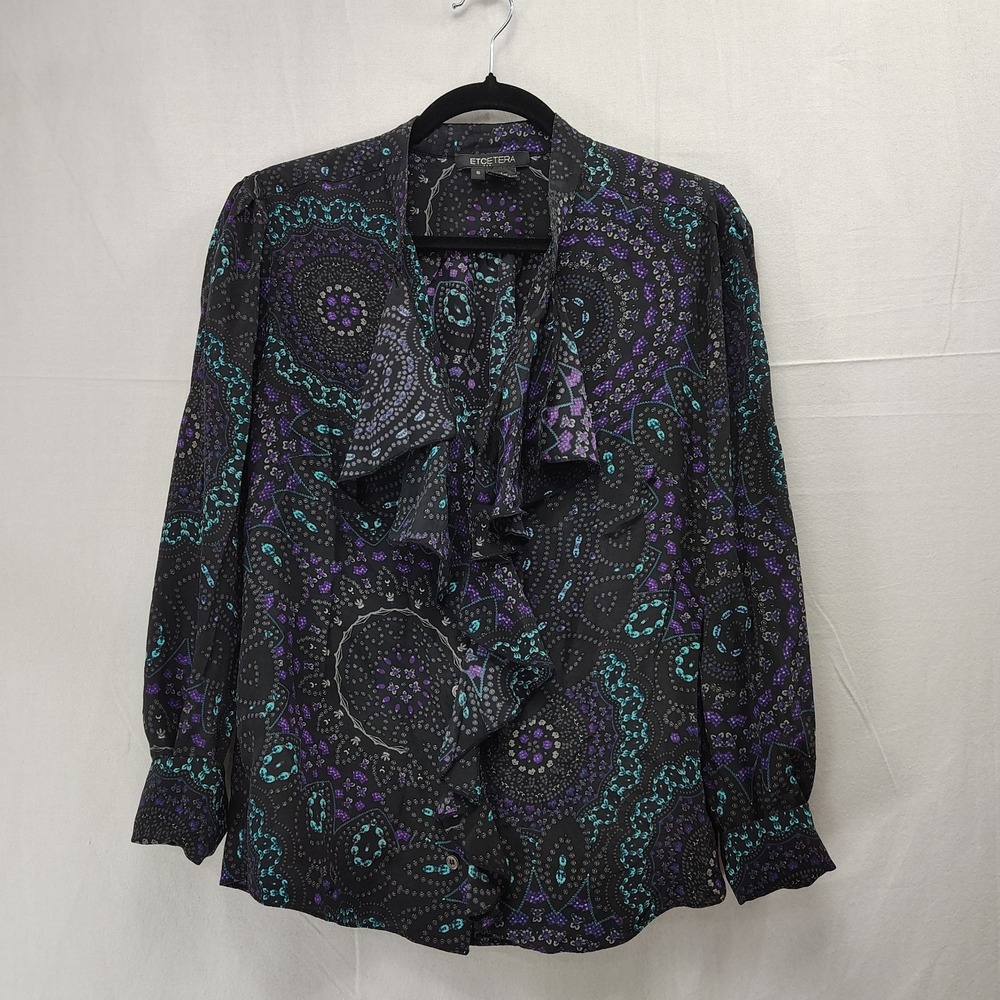 Etcetera Top Women's 6 Silk Dark Floral Ruffled Long Sleeve Button Up‎ Blouse